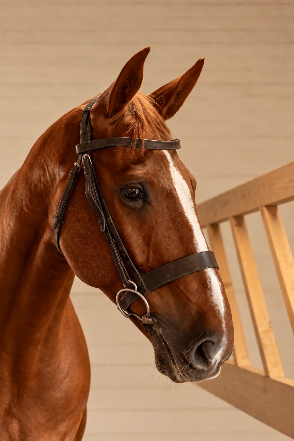 Chestnut sport horse in a bridle, head and neck