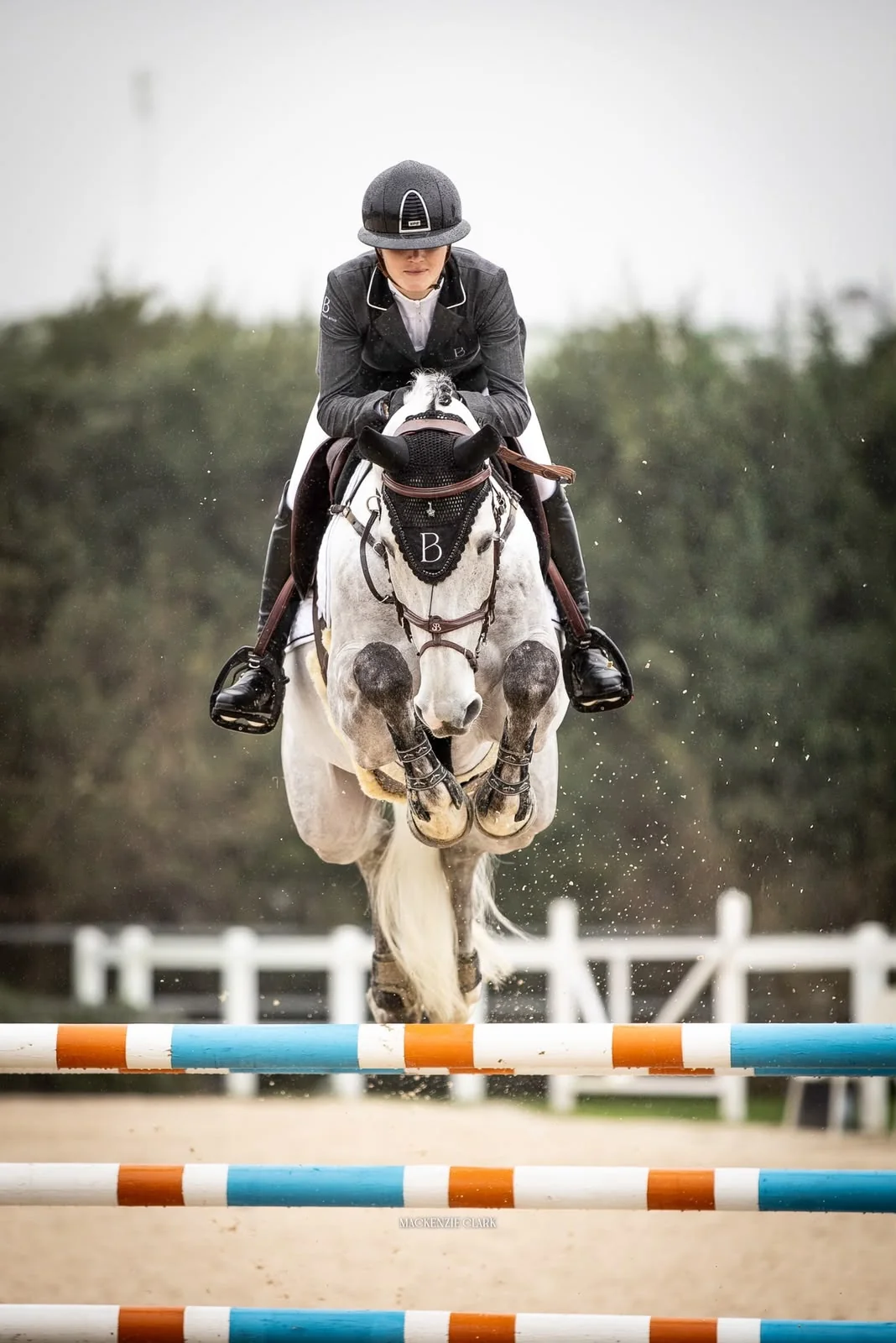 Grey show jumper and rider approaching a fence head-on