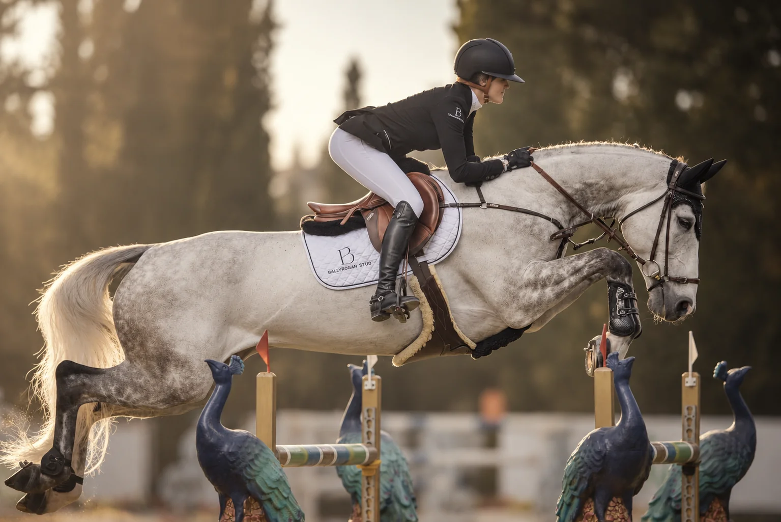 Grey sport horse and rider clearing a show jump